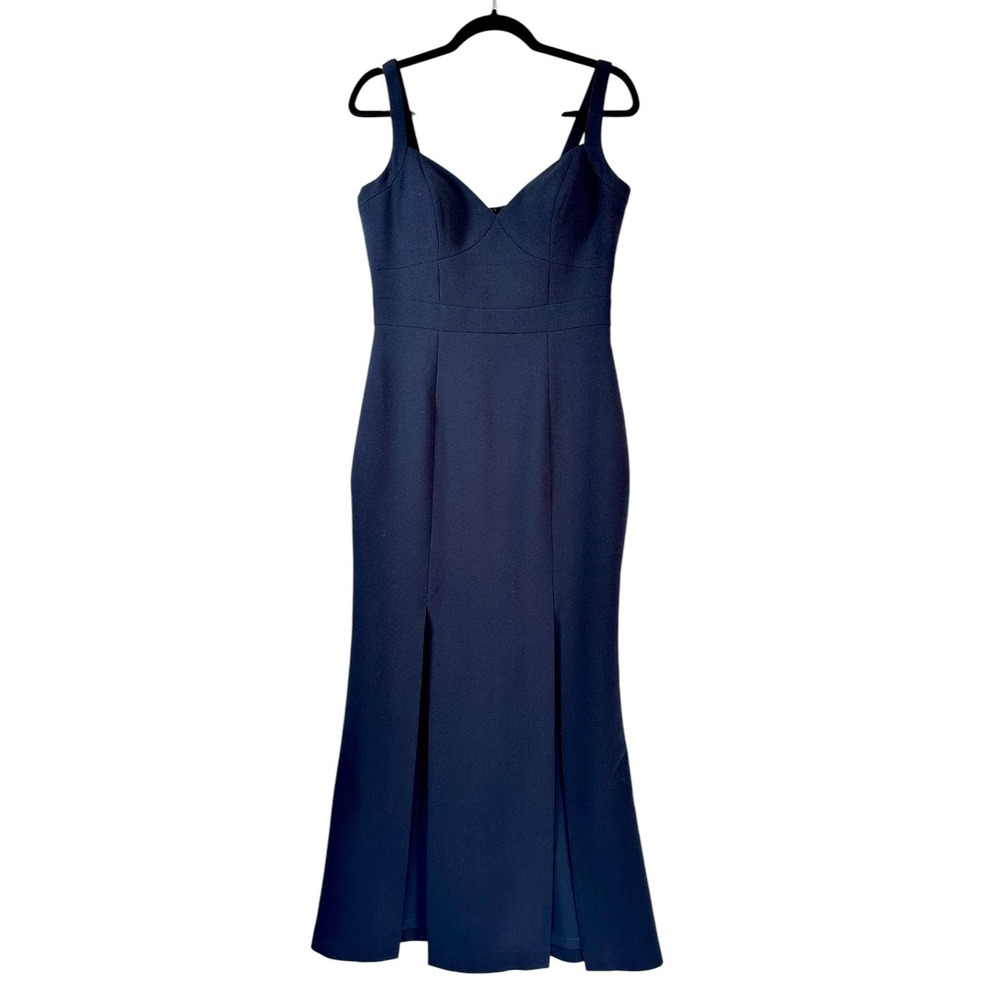 Eliza J Gown Dress Maxi Crepe Double Slit Prom Wedding Formal Navy Blue 10 - Picture 2 of 14